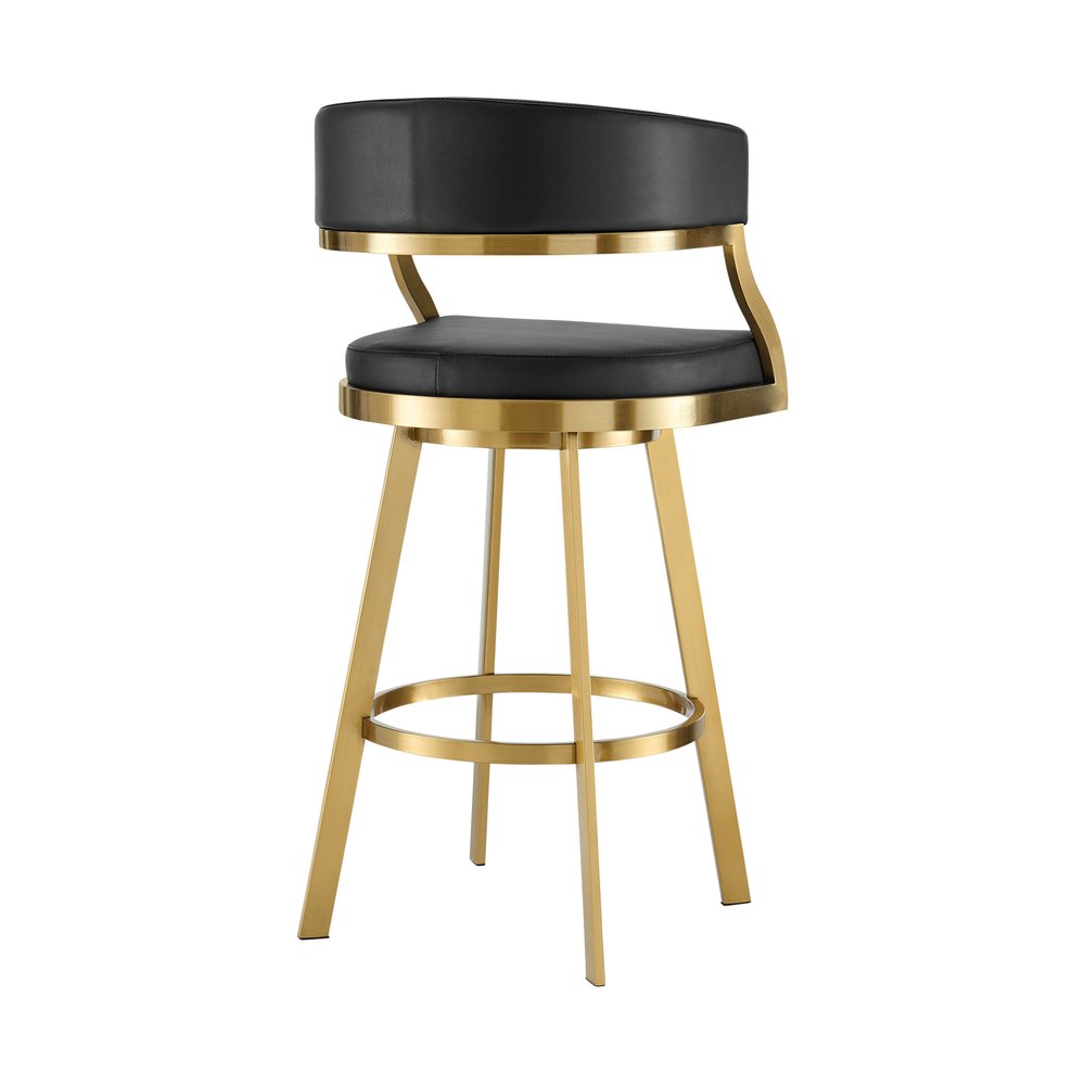 30" Black And Gold Faux Leather And Steel Low Back Bar Height Swivel Bar Chair HomeRoots