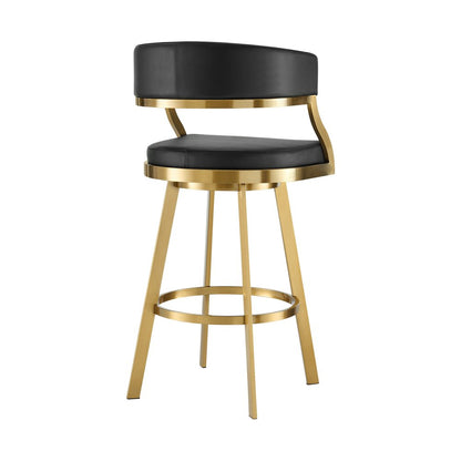 30" Black And Gold Faux Leather And Steel Low Back Bar Height Swivel Bar Chair HomeRoots