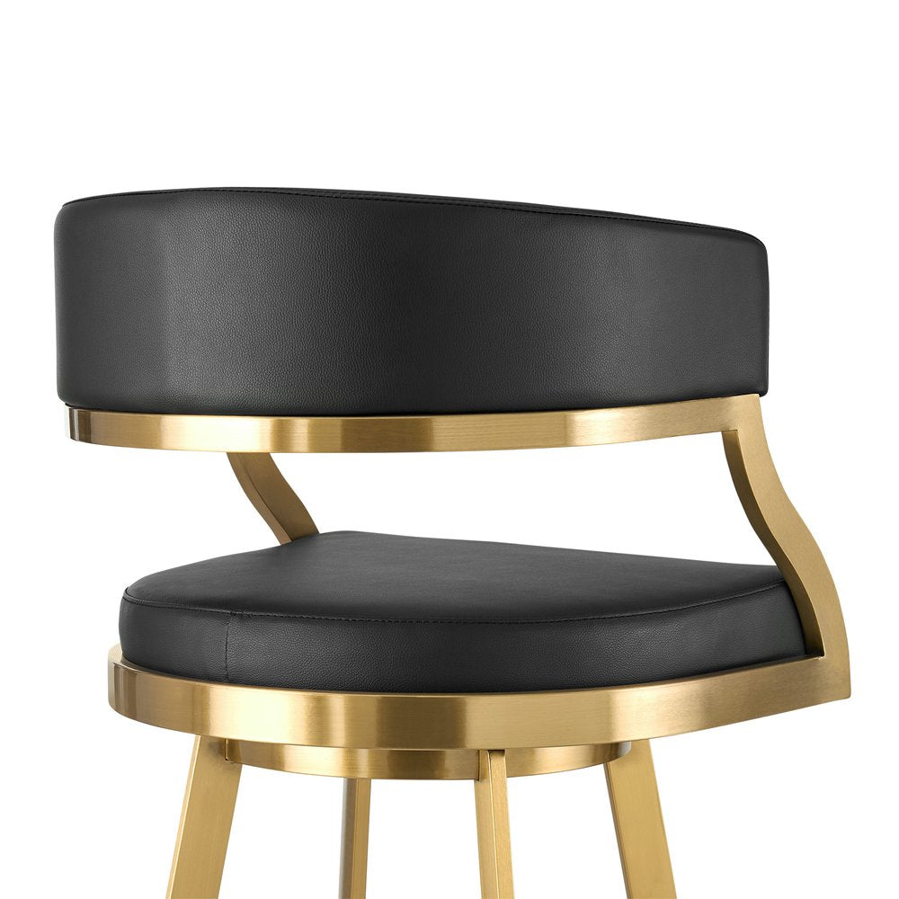 30" Black And Gold Faux Leather And Steel Low Back Bar Height Swivel Bar Chair HomeRoots