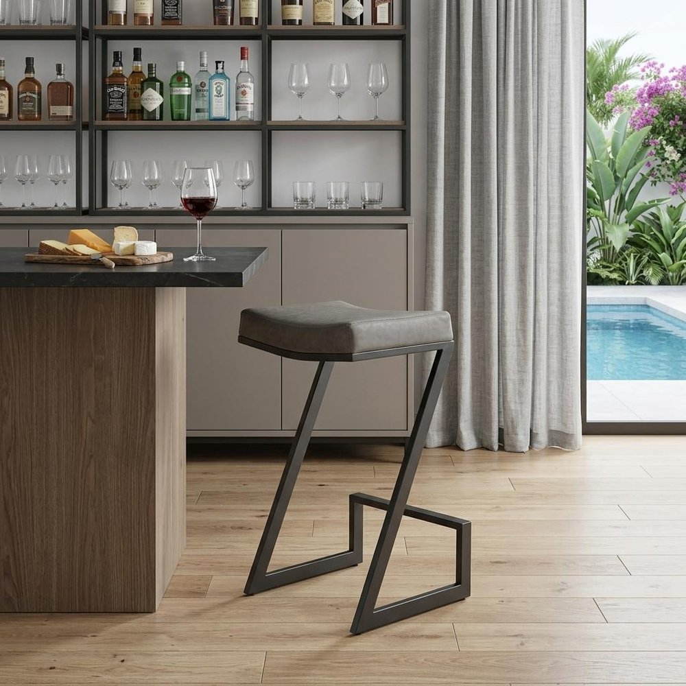 30" Gray And Black Faux Leather And Iron Backless Bar Height Bar Chair HomeRoots