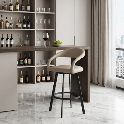 30" Beige And Black Faux Leather And Iron Low Back Bar Height Swivel Bar Chair HomeRoots