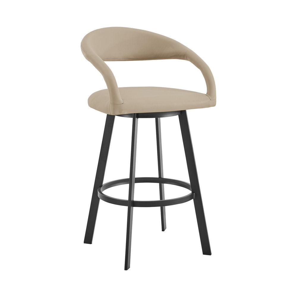 30" Beige And Black Faux Leather And Iron Low Back Bar Height Swivel Bar Chair HomeRoots