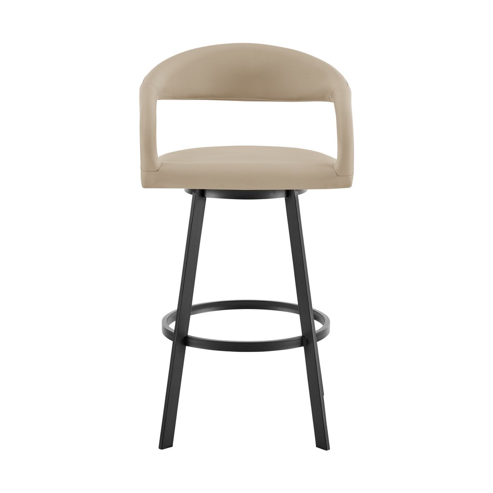 30" Beige And Black Faux Leather And Iron Low Back Bar Height Swivel Bar Chair HomeRoots