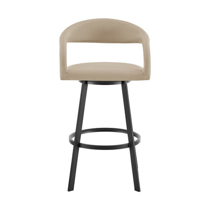 30" Beige And Black Faux Leather And Iron Low Back Bar Height Swivel Bar Chair HomeRoots