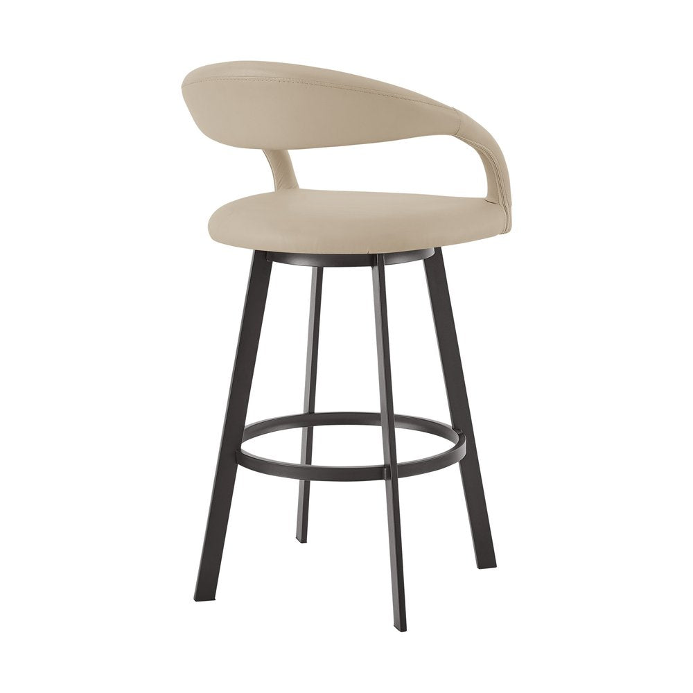 30" Beige And Black Faux Leather And Iron Low Back Bar Height Swivel Bar Chair HomeRoots