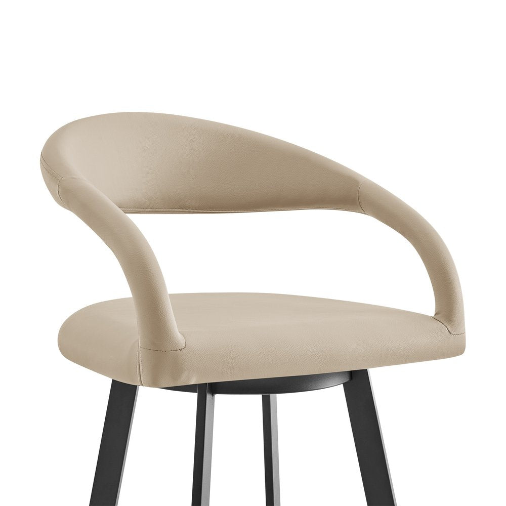 30" Beige And Black Faux Leather And Iron Low Back Bar Height Swivel Bar Chair HomeRoots