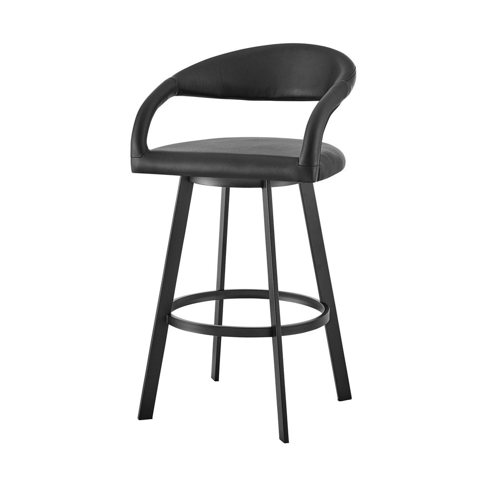 30" Black Faux Leather And Iron Low Back Bar Height Swivel Bar Chair HomeRoots