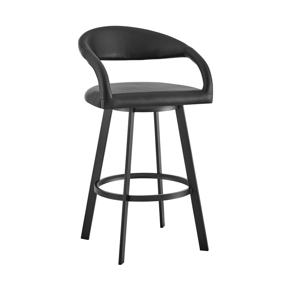 30" Black Faux Leather And Iron Low Back Bar Height Swivel Bar Chair HomeRoots