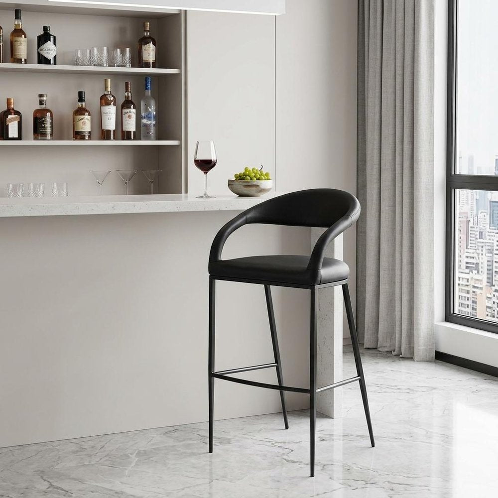 30" Black Faux Leather And Iron Low Back Bar Height Bar Chair HomeRoots