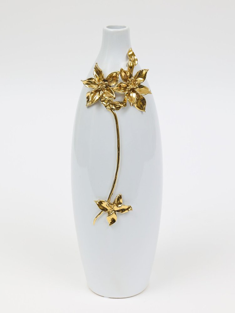 18" Gold Floral Oval Ceramic Table Vase With Sculptural Details HomeRoots