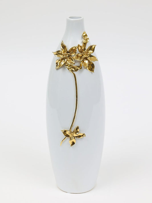 18" Gold Floral Oval Ceramic Table Vase With Sculptural Details HomeRoots