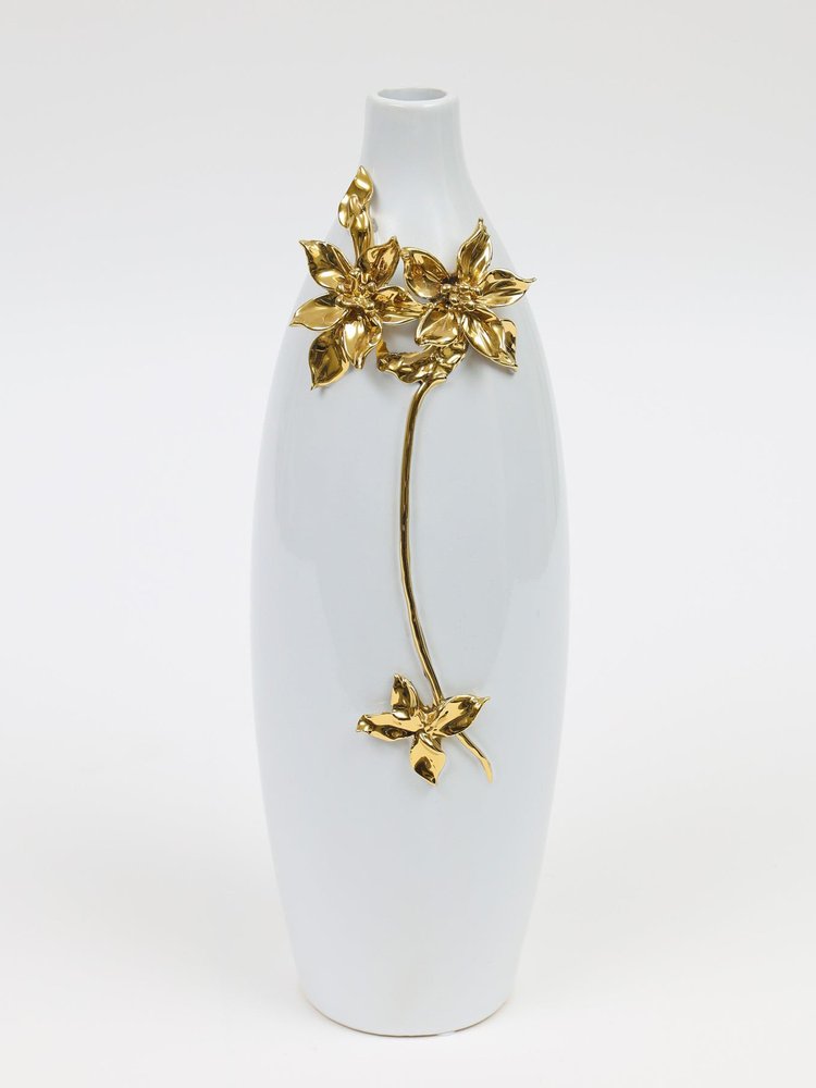 18" Gold Floral Oval Ceramic Table Vase With Sculptural Details HomeRoots