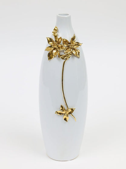 18" Gold Floral Oval Ceramic Table Vase With Sculptural Details HomeRoots