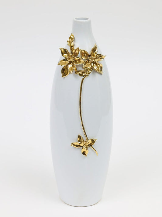 18" Gold Floral Oval Ceramic Table Vase With Sculptural Details HomeRoots