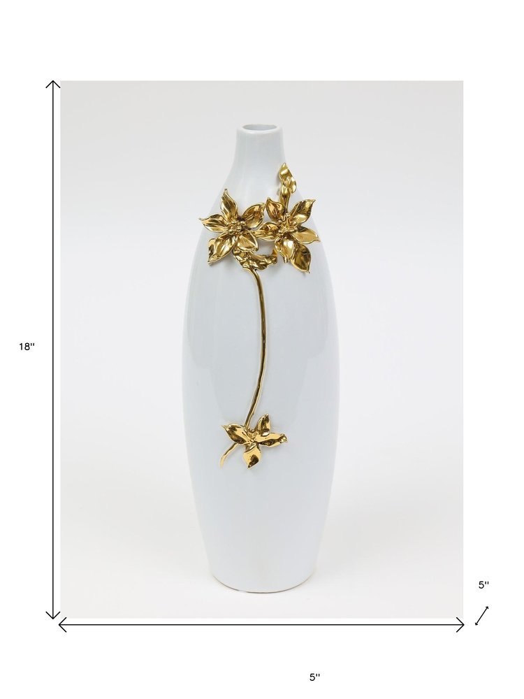 18" Gold Floral Oval Ceramic Table Vase With Sculptural Details HomeRoots