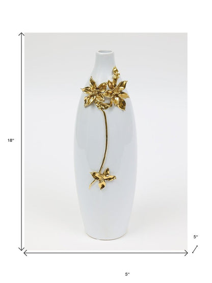 18" Gold Floral Oval Ceramic Table Vase With Sculptural Details HomeRoots
