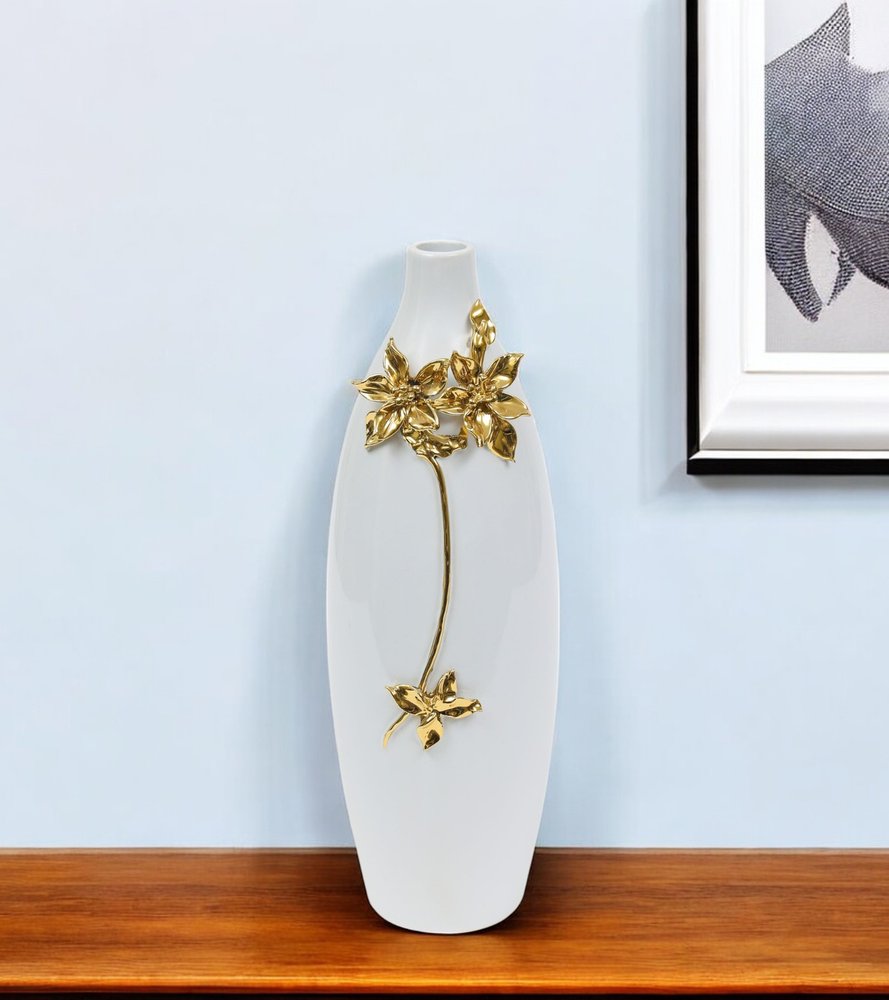 18" Gold Floral Oval Ceramic Table Vase With Sculptural Details HomeRoots