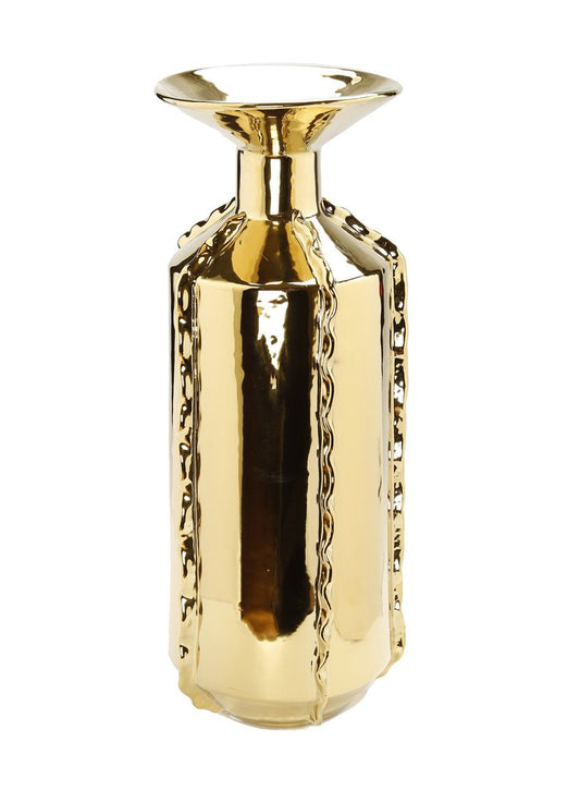 21" Gold Trumpet Ceramic Table Vase With Sculptural Details HomeRoots