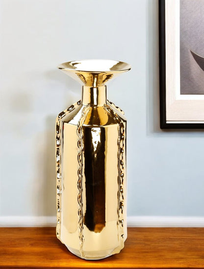 21" Gold Trumpet Ceramic Table Vase With Sculptural Details HomeRoots