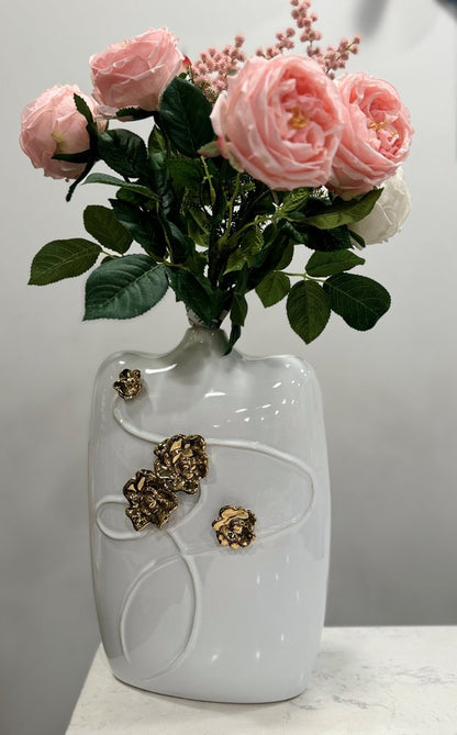 14" White Floral Ceramic Table Vase With Sculptural Details HomeRoots