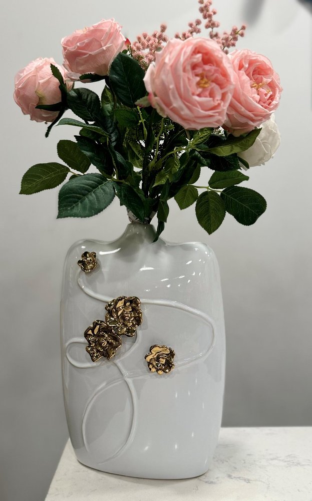 14" White Floral Ceramic Table Vase With Sculptural Details — view 2