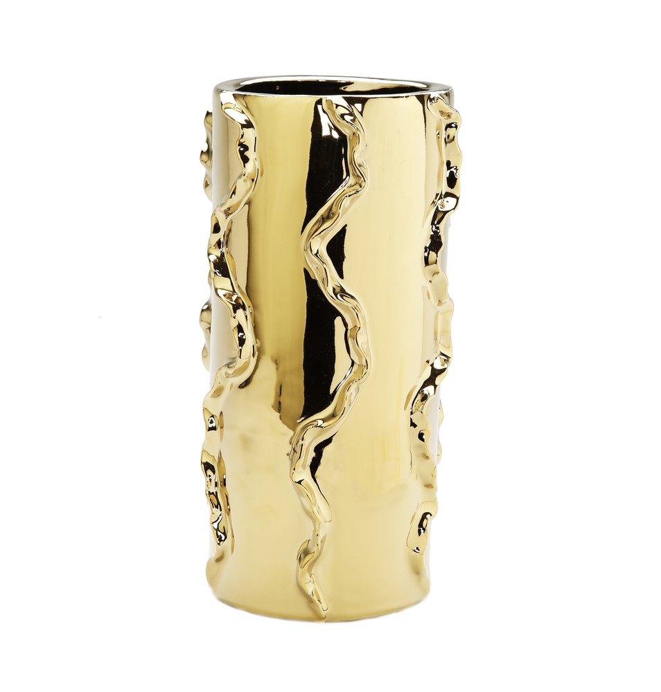 12" Gold Cylinder Ceramic Table Vase With Sculptural Details HomeRoots