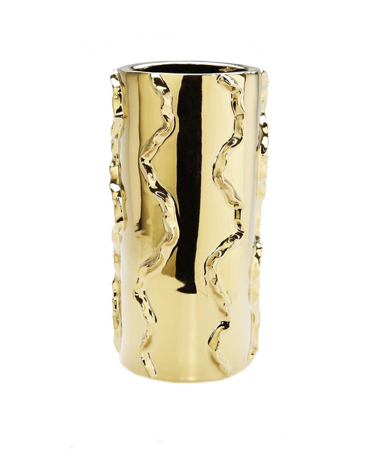 12" Gold Cylinder Ceramic Table Vase With Sculptural Details HomeRoots
