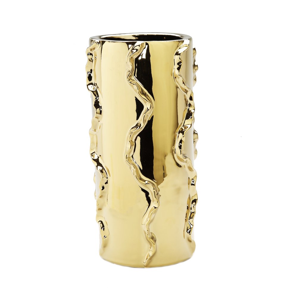 12" Gold Cylinder Ceramic Table Vase With Sculptural Details HomeRoots