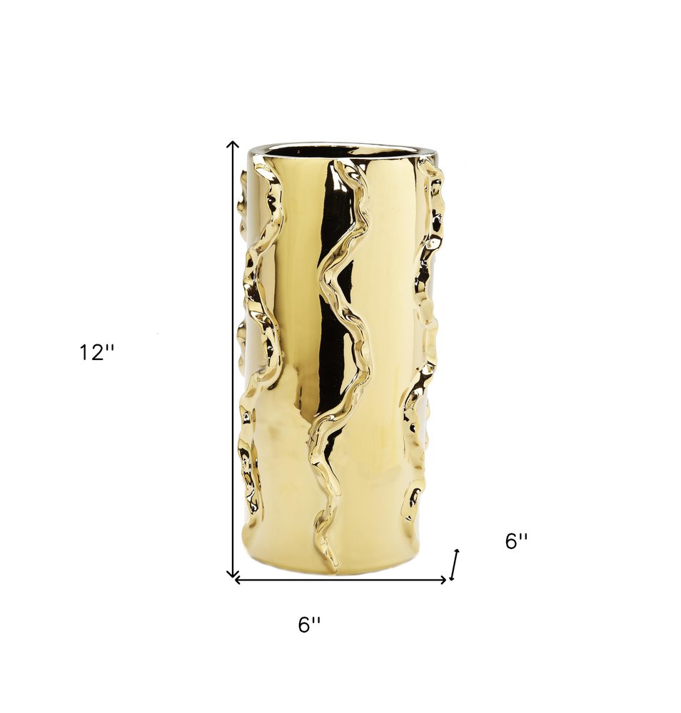 12" Gold Cylinder Ceramic Table Vase With Sculptural Details HomeRoots