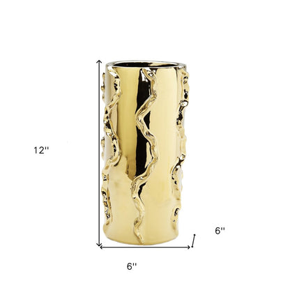 12" Gold Cylinder Ceramic Table Vase With Sculptural Details HomeRoots