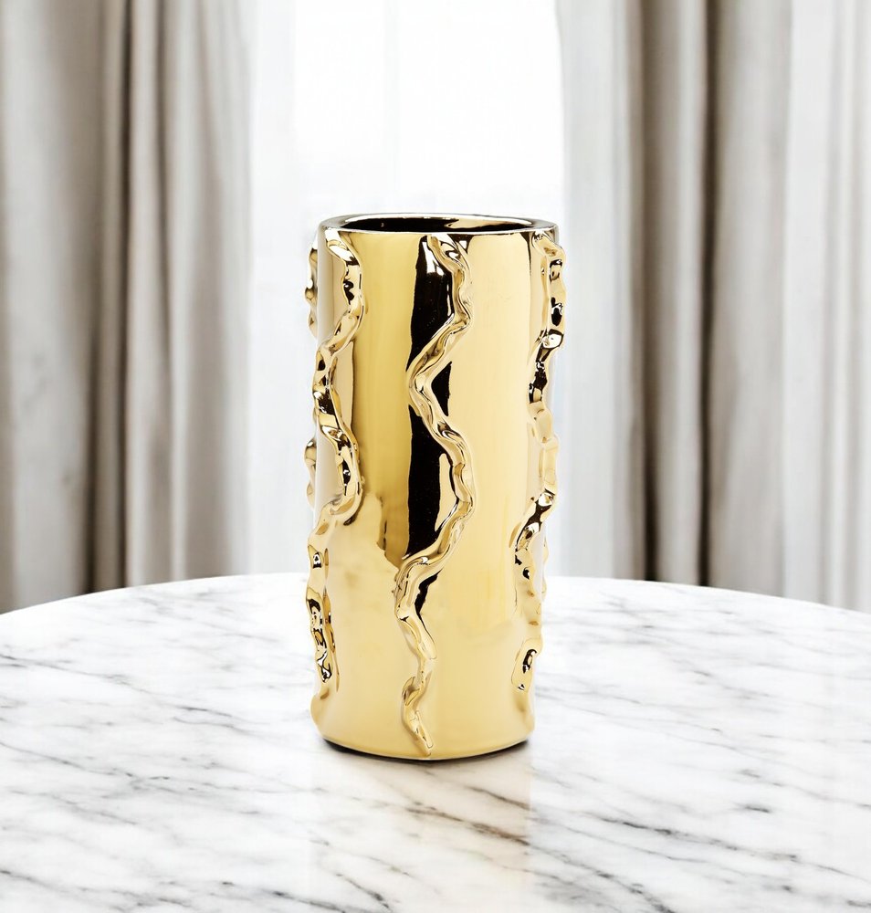 12" Gold Cylinder Ceramic Table Vase With Sculptural Details HomeRoots