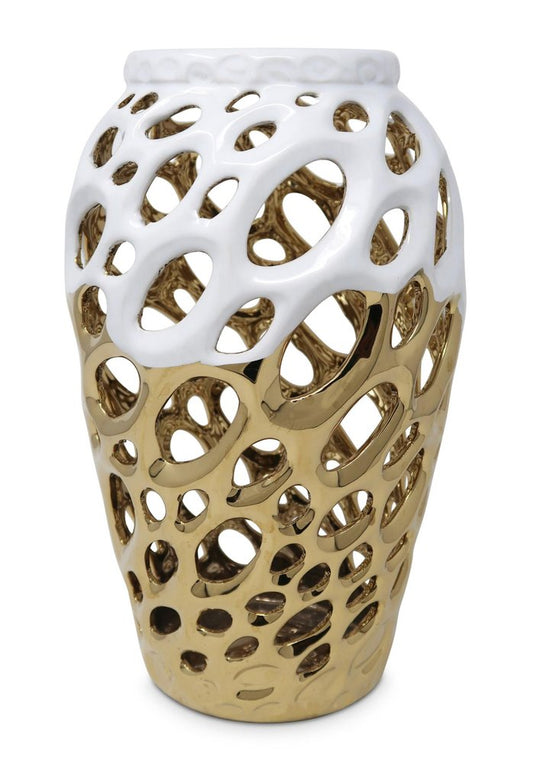 13" Gold And White Pierced Urn Porcelain Table Vase With Sculptural Details HomeRoots