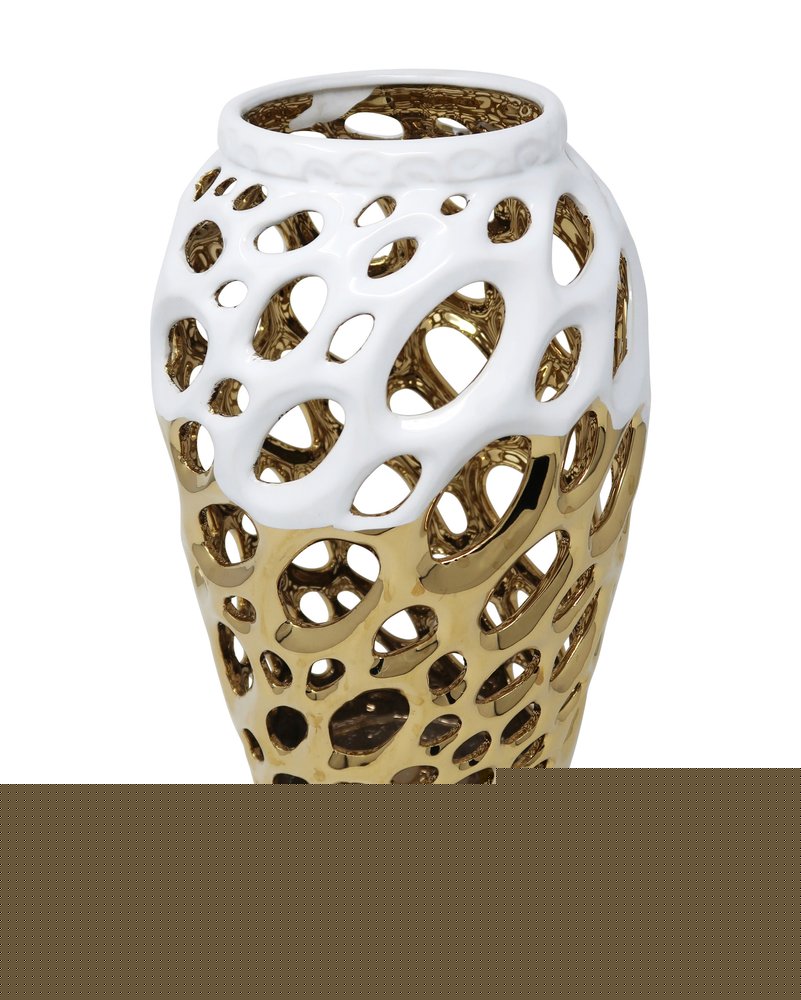 13" Gold And White Pierced Urn Porcelain Table Vase With Sculptural Details HomeRoots