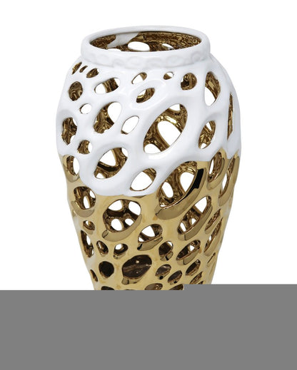 13" Gold And White Pierced Urn Porcelain Table Vase With Sculptural Details HomeRoots