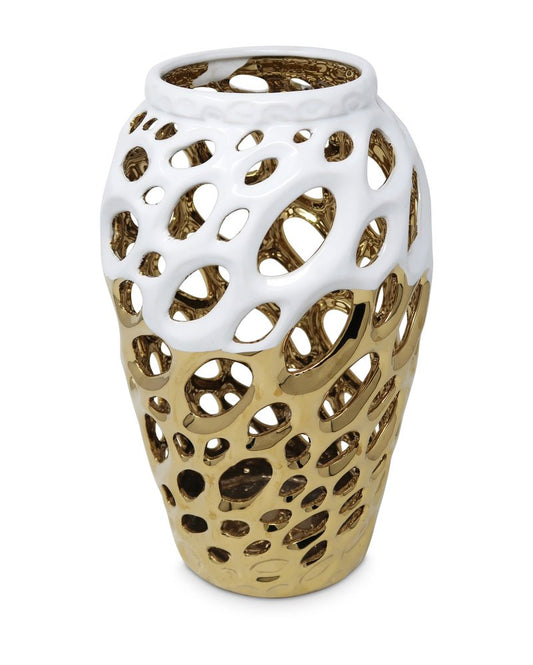 13" Gold And White Pierced Urn Porcelain Table Vase With Sculptural Details HomeRoots