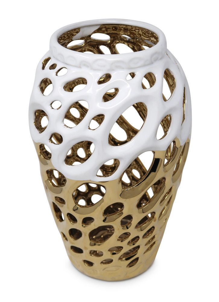 13" Gold And White Pierced Urn Porcelain Table Vase With Sculptural Details HomeRoots