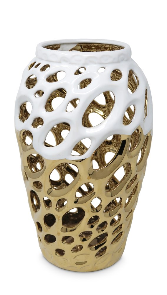 13" Gold And White Pierced Urn Porcelain Table Vase With Sculptural Details HomeRoots