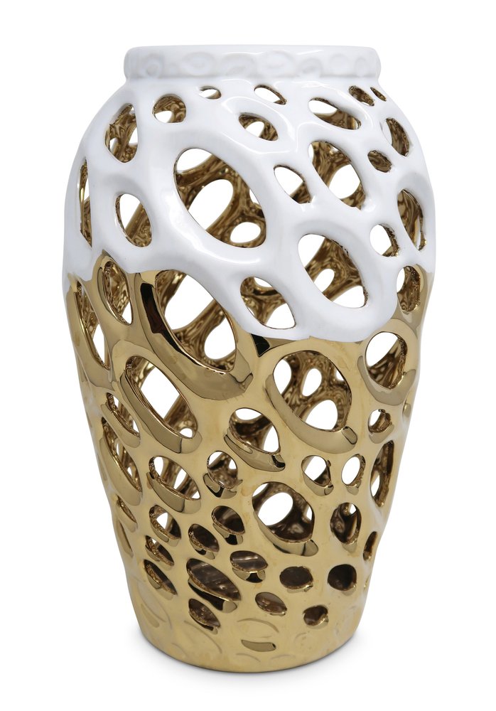 13" Gold And White Pierced Urn Porcelain Table Vase With Sculptural Details HomeRoots