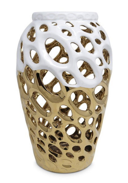 13" Gold And White Pierced Urn Porcelain Table Vase With Sculptural Details HomeRoots