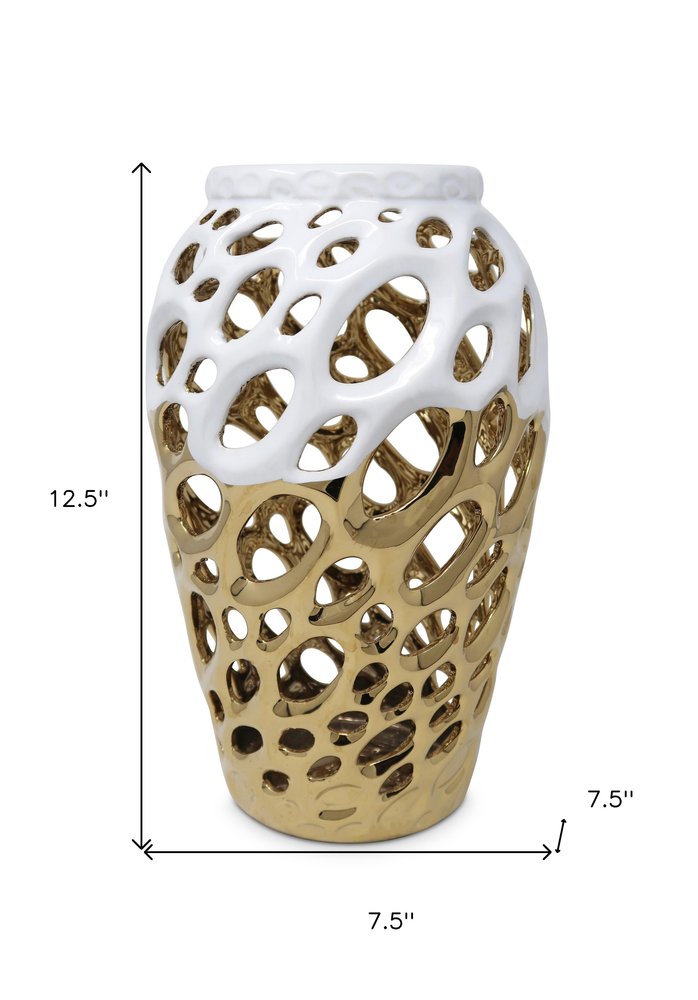 13" Gold And White Pierced Urn Porcelain Table Vase With Sculptural Details HomeRoots