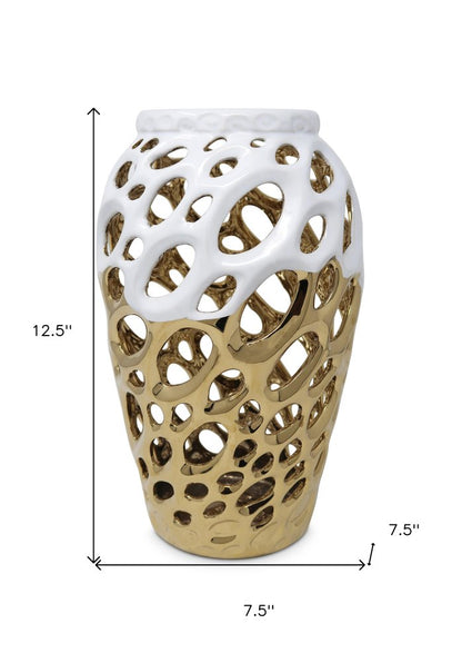 13" Gold And White Pierced Urn Porcelain Table Vase With Sculptural Details HomeRoots