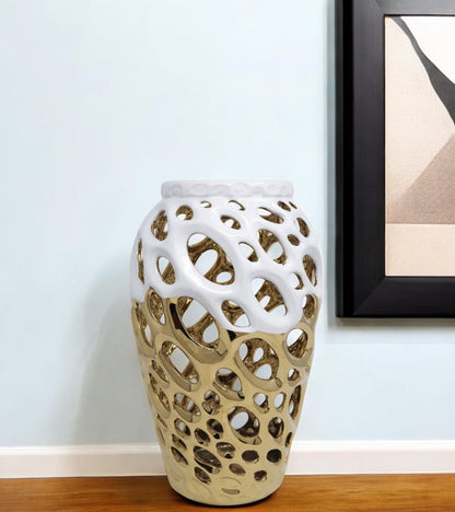 13" Gold And White Pierced Urn Porcelain Table Vase With Sculptural Details HomeRoots