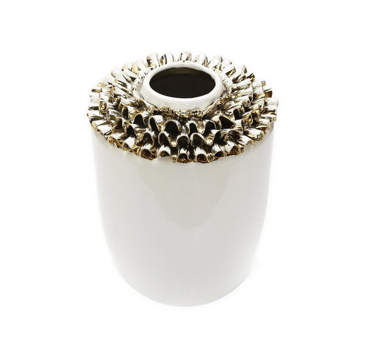 10" White Round Ceramic Table Vase With Sculptural Details HomeRoots