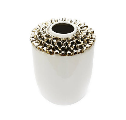 10" White Round Ceramic Table Vase With Sculptural Details HomeRoots