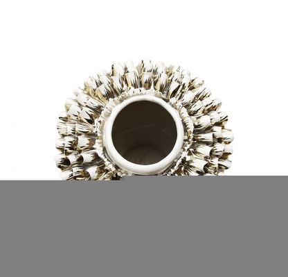 10" White Round Ceramic Table Vase With Sculptural Details HomeRoots