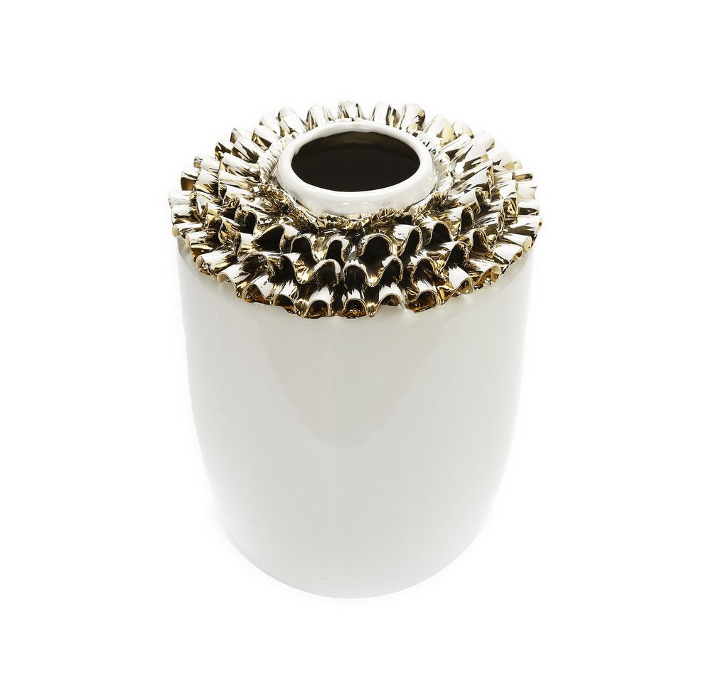 10" White Round Ceramic Table Vase With Sculptural Details HomeRoots