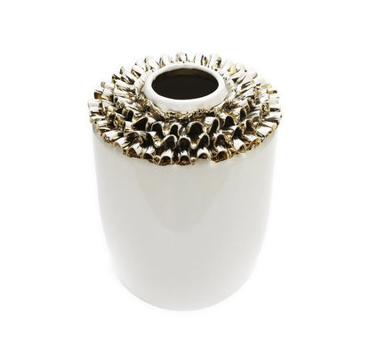 10" White Round Ceramic Table Vase With Sculptural Details HomeRoots