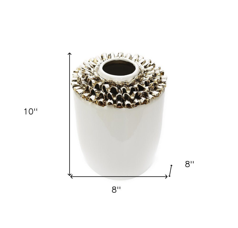 10" White Round Ceramic Table Vase With Sculptural Details HomeRoots