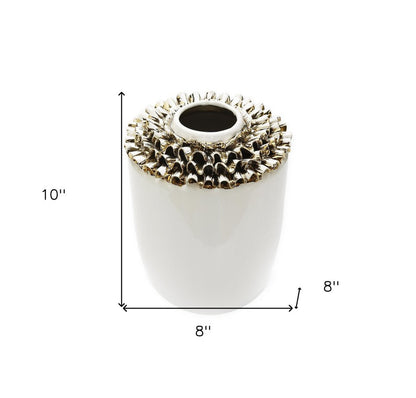 10" White Round Ceramic Table Vase With Sculptural Details HomeRoots