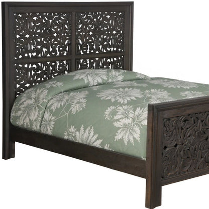 Gray Carved Scrollwork Distressed Solid Wood Queen Bed Frame HomeRoots
